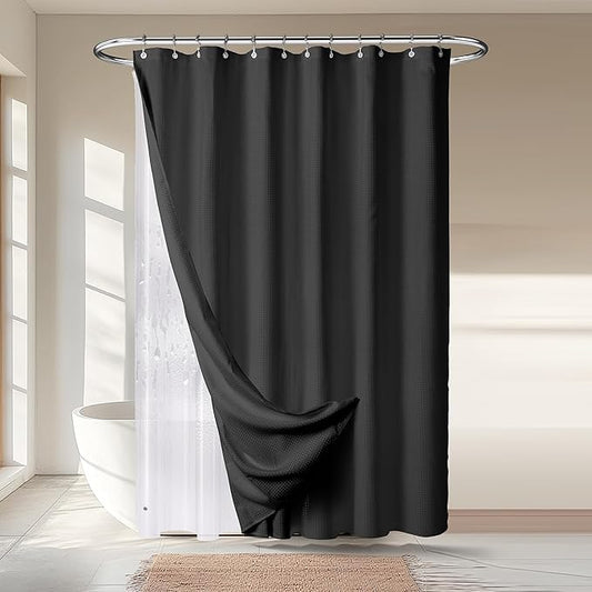 River Dream 3 in 1 Shower Curtain Set, Waffle Fabric Shower Curtain and Waterproof Clear Liner Set with Double Sided Metal Hooks, Black, 72" W*78" H
