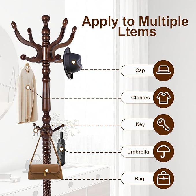 Solid Wood Coat Stand, Freestanding with Stable Base, 70" Birch Coat Tree Organizer for Home, Bedroom, Office, Hallway & Entryway with 11 Hooks