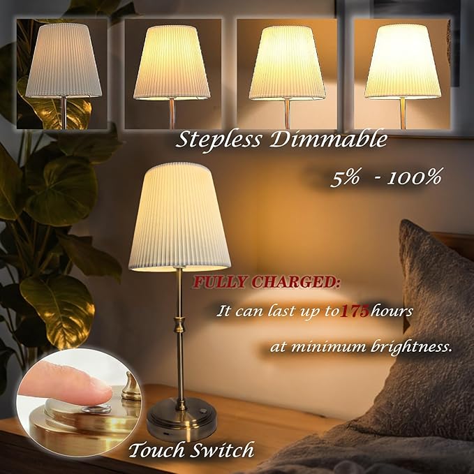 Cordless Table Lamp Rechargeable Vintage Gold-5000mAh Battery Operated Lamp for Decor, 2700K Stepless Dimming Touch Control Wireless Lamp for Bedroom, Living Room, Office, Dormitory