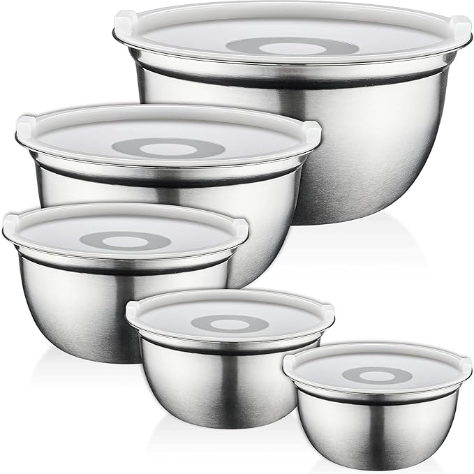 Mixing Bowls Set of 5, Stainless Steel Salad Bowls with Lids, Nesting Metal Mixing Bowls for Baking, Cooking, Prepping & Food Storage