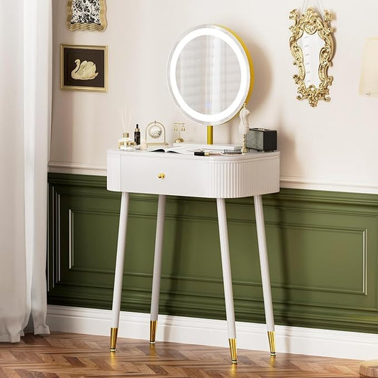 WinZo 24" Vanity Desk with Mirror and Lights, Small Makeup Vanity Table with 1 Storage Drawers, 3 Color Touch Screen Stylish Dressing Table for Small Spaces & Bedroom, White