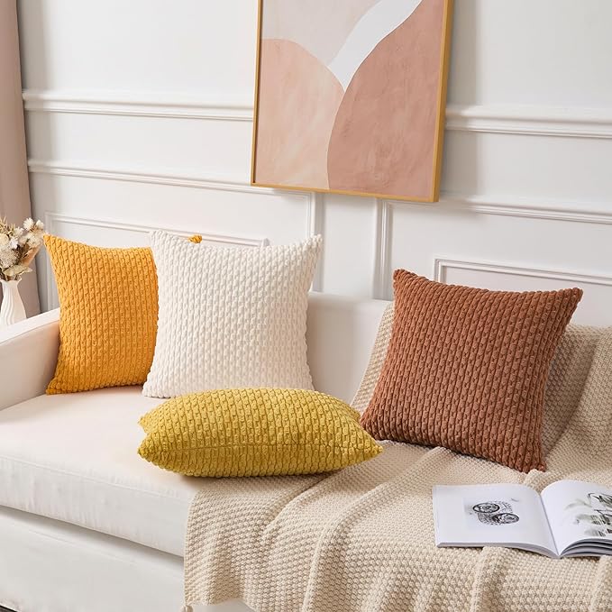 Kevin Textile Fall Decorative Pillow Covers Set of 2 Striped Plush Corduroy Pillows Pillowcases Boho Home Decor Cushion Covers for Couch Sofa Bed Living Room 18x18 Inch, Burnt Orange