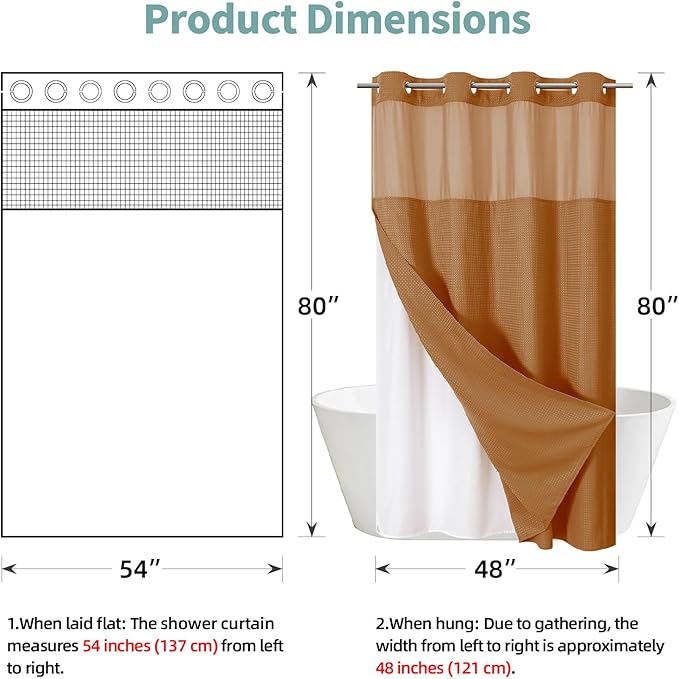BurntOrange No Hook Waffle Weave Shower Curtain with snap-in Liner Replacement, 230GSM Waterproof Fabric Hotel Shower Curtain Set for Bathroom, Through Mesh Top Window,54Wx80H