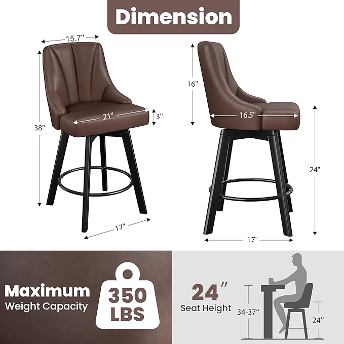 Bar Stools with Backs, PU Leather Upholstered Counter Barstools with Solid Wood Legs for Kitchen Island, Home Bar(4PCS Brown)