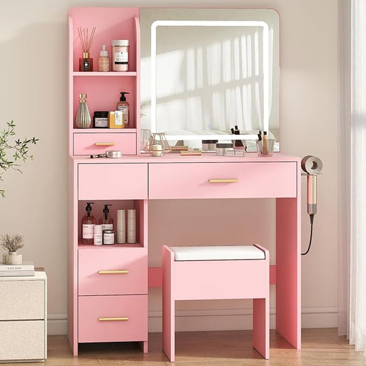Vanity Desk with Mirror and Lights, 3 Adjustable Lighting Makeup Vanity Desk with 3 Storage Shelves, 5 Large Drawers and Power Outlet, Pink Vanity with Chair for Bedroom