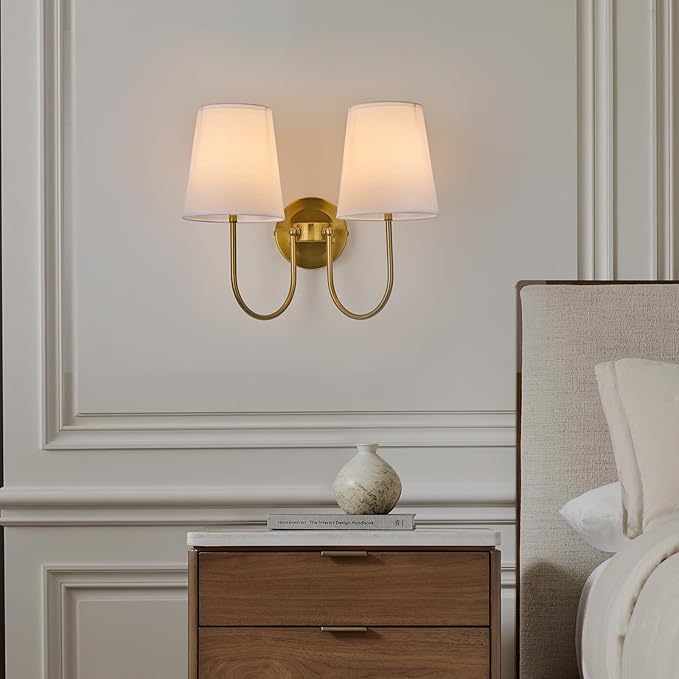 Hardwired White Fabric 2 Light Wall Sconce – Double Headed Cloth Shade Fixture for Bedroom, Bathroom & Hallway (Direct Wire)