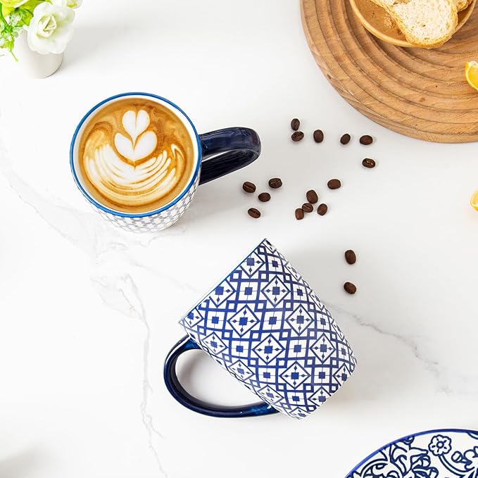 Ceramic Coffee Mugs Set - 16 Oz Large Porcelain Tea Cups with Handle for Men Women Latte Cocoa Cappuccino - Christmas Housewarming Gift - Dishwasher Safe - Set of 6 - Vintage Blue