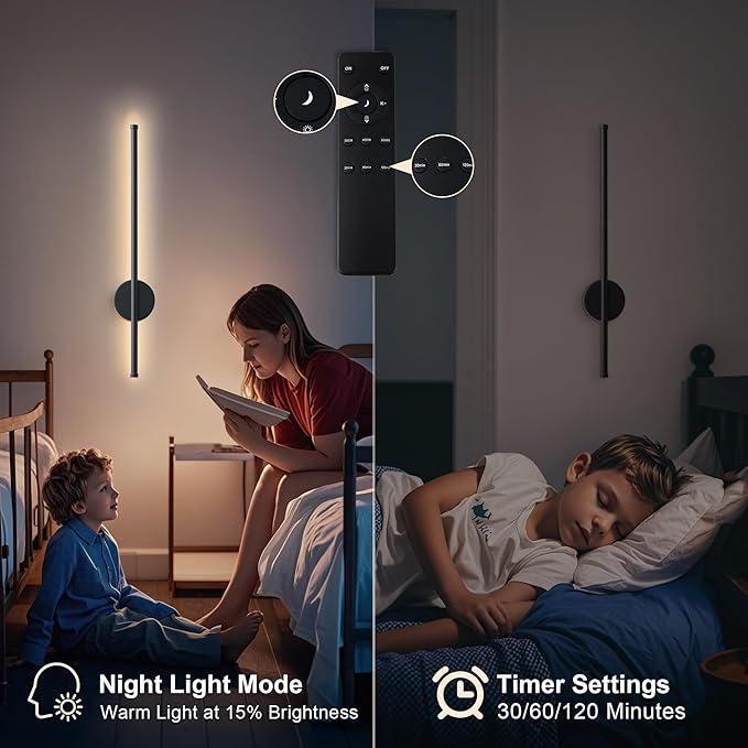 Battery Operated Modern Wall Sconces, Dimmable Wireless Wall Light Set of Two with Remote Control, 3 Color Temperatures, Rechargeable LED Wall Sconce for Bedroom, Living Room, Hallway, 27.6 Inch Black