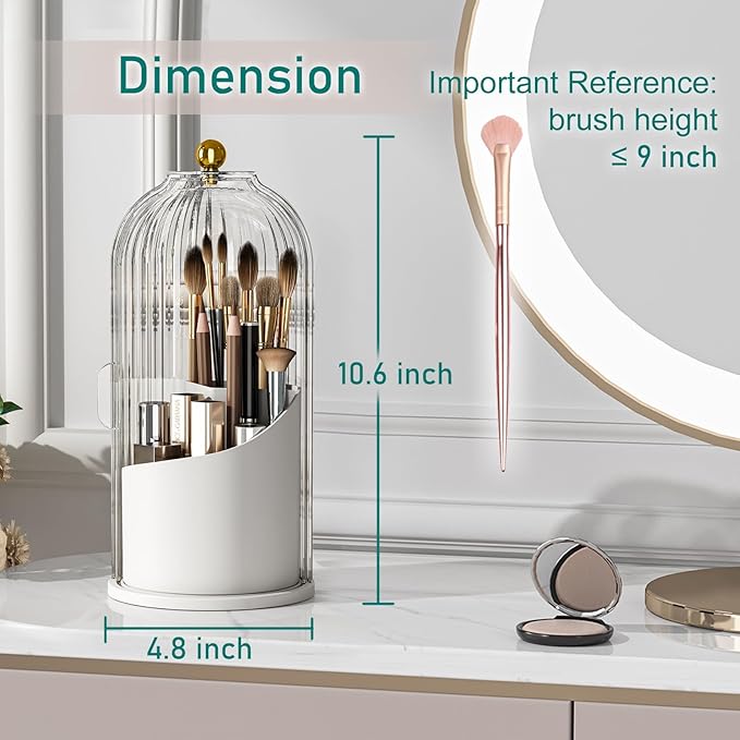 GAXmi Makeup Brush Holder with Lid Cosmetic Tools Organizer 360 Rotating Waterproof Dustproof Beauty Brushes Storage for Vanity, Transparent