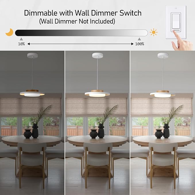 Mid Century Modern Pendant Lighting,15.7 inch,Natural Wood Cap, 3000K/Warm White/22W,Dimmable LED Pendant Light Fixtures, for Kitchen, Dining Room, Living Room