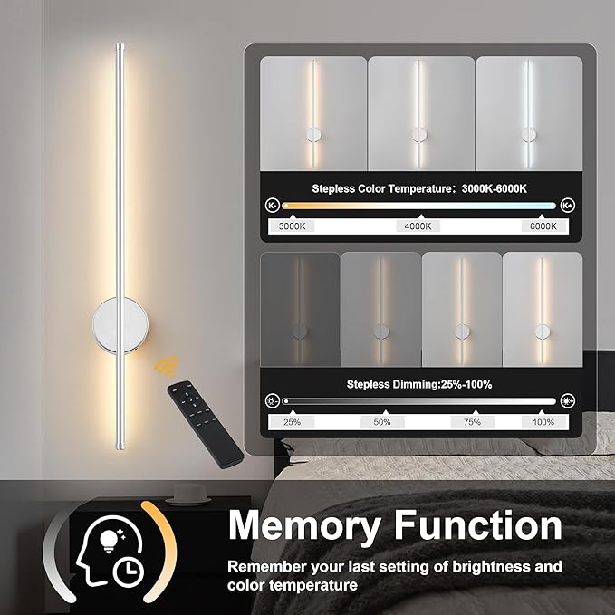 Battery Operated Modern Wall Sconces, Dimmable Wireless Wall Light Set of Two with Remote Control, 3 Color Temperatures, Rechargeable LED Wall Sconce for Bedroom, Living Room, Hallway 23.6 Inch Chrome