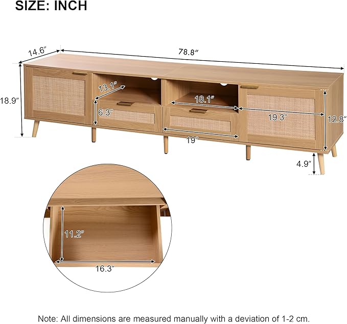 Rattan TV Stand for TVs up to 85'', Boho Entertainment Center with 2 Doors & 2 Drawers, Solid Wood Feet, Vintage Console Table for Living Room