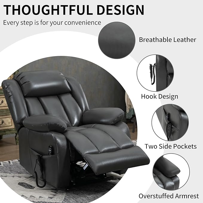 Dual Motor Large Recliner with Massage and Heat, Power Lift Chairs for Elderly, Breathable Leather Recliner Chairs for Adults with 2 Remote Controls, Dark Grey Big and Tall Recliner