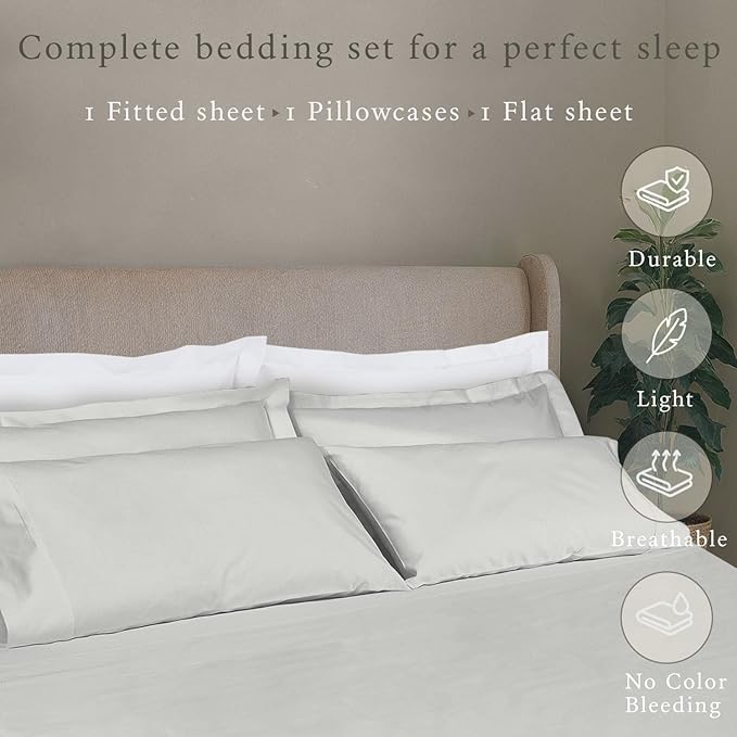 Threadmill Cotton Twin XL Sheets Set, Soft 100% Cotton, Cooling Bed Sheets with Deep Pocket Snug Fit Elastic, 500 Thread Count, 3-Pc, Hotel Quality Bed Sheets, Beats Egyptian Cotton Claim, Light Grey