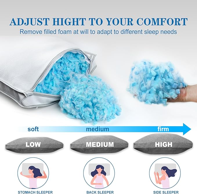 Pillows for Sleeping, Adjustable Shredded Memory Foam Pillow, Standard Size Set of 1 for Side, Back and Stomach Sleeper, College Dorm, Oeko-TEX Certified（20x26）