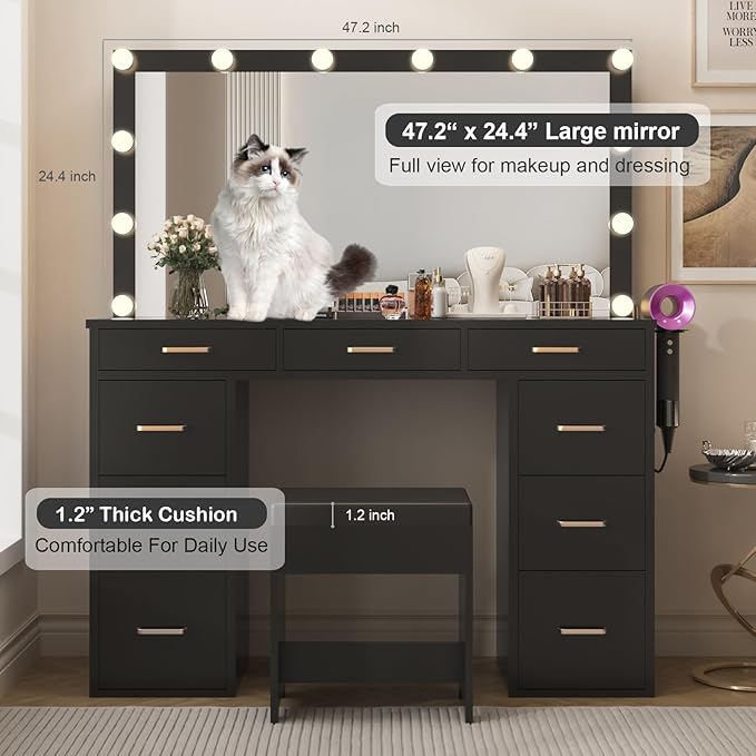 Likein Vanity Desk with Mirror and Lights & Power Strip, Glasstop Vanity Makeup Desk Set with 9 Drawers for Women Girls, Lights Adjustable Large Hollywood Mirror Dressing Table with Chair for Bedroom
