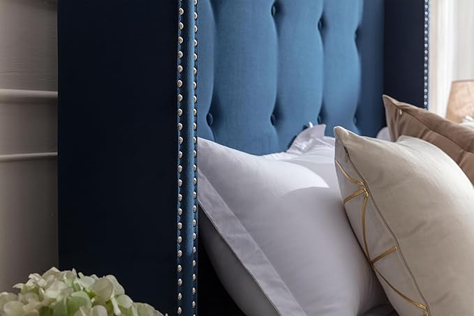 GDFStudio Tall Headboard Upholstered Bed,Queen Size Platform Bed Frame with Headboard Nailhead Trim Wingback,54" High No Box Spring Needed Easy Assembly Traditional Hand Buttoned Tufting Blue Velvet