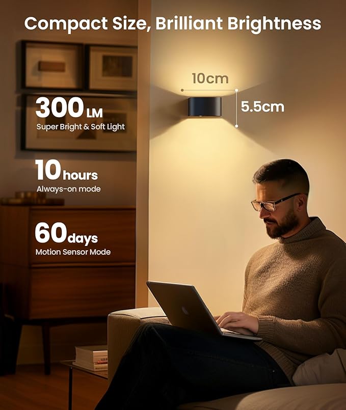 FULEN Motion Sensor Wall Light with Remote Control 3 Colors Wireless Wall Lamp LED Indoor Up and Down Wall Sconce 5000mAh Rechargeable Battery Powered Wall Lamps Brightness Adjustable, Black 2 Pack