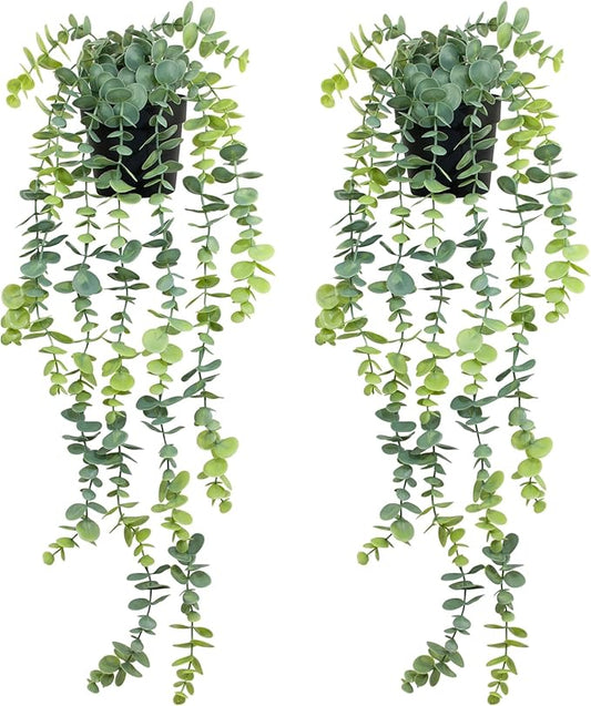 LOYWREE 2 Pack Fake Hanging Plants Artificial Eucalyptus Small Potted Long Vine Plant for Indoor and Outdoor Shelves, Walls, Rooms, Homes, Offices, and Gardens Decor (Black Pot)
