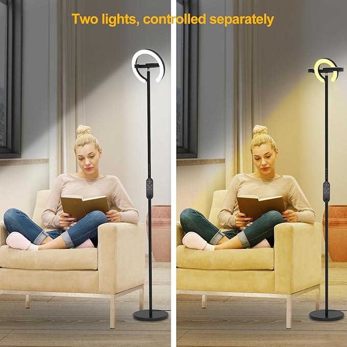Floor Lamp for Living Room, 75.5 Inch Tall Standing Lamp for Bedroom with 2 312° Rotatable Ring Lights, 36W Bright Stepless Dimmable LED Floor Light with Remote Control for Office Dining Room