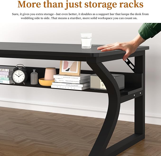47 inch Computer Desk, Home Office Desk with Storage Shelf, Sturdy U-Shaped Metal Frame Study Table with Cable Management, Gaming Desk for Office & Bedroom (Black, 47 inch)