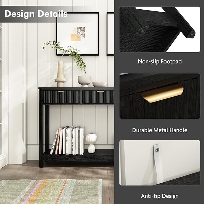 Set of 2 Console Table with Drawers, Modern 47.1" Entryway Table with Storage Shelf, Boho Narrow Skinny Behind Couch Wood Sofa Table for Living Room Hallway Entrance Foyer,Black