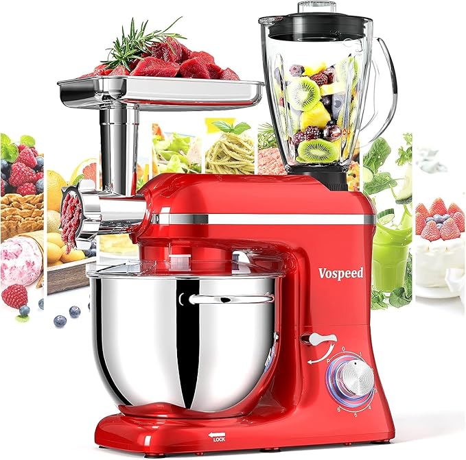Vospeed 9 IN 1 Stand Mixer, 850W Tilt-Head Multifunctional Electric Mixer with 8 QT Stainless Steel Bowl, 1.5L Glass Jar, Meat Grinder, Hook, Whisk, Beater Dishwasher Safe (Red)