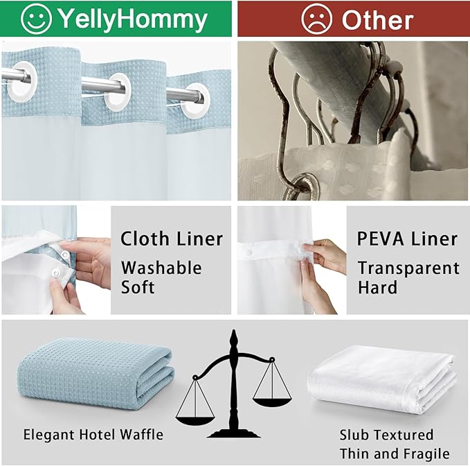 YellyHommy No Hook Shower Curtain with Snap in Liner Set Less Time Aqua Blue Waffle Shower Curtain for Bathroom 75" L x 72" W