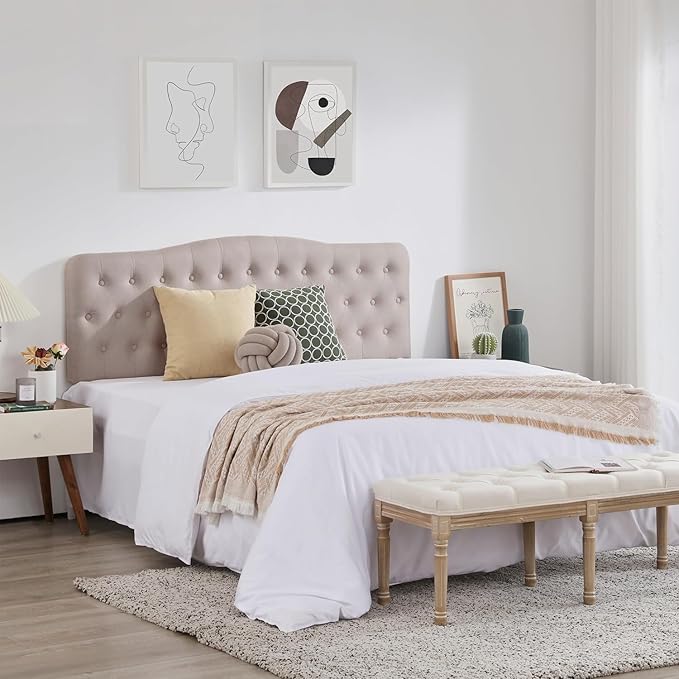 Upholstered King Headboard, Button Diamond Tufted Headboard with Adjustable Height and Solid Wood Leg, Linen Fabric Padded Headboards for King Size Bed, Mordern Head Board, Beige