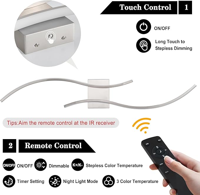 Battery Operated Wall Sconces Set of Two with Remote Control, Stepless Colors 3000K-6000K & Dimming, LED Nickel Wireless Wall Light for Living Room, Hallway, Bedroom, 39.3 Inch (2 Pack)