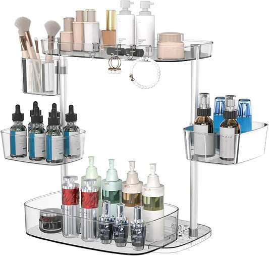 360 Rotating Makeup Organizer 2 Tier with 3 Adjustable Makeup Carousel Spinning Holder Rack - Large Cosmetic Display Case for Bathroom Countertop, Lipstick, Brushes, Skincare