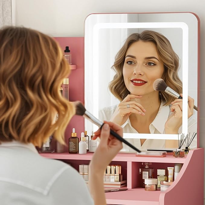 Small Vanity Desk, Makeup Vanity with Mirror and Lights, Vanity Desk with Drawer & 3 Storage Shelves, Pink Makeup Vanity Desk with Lights for Bedroom
