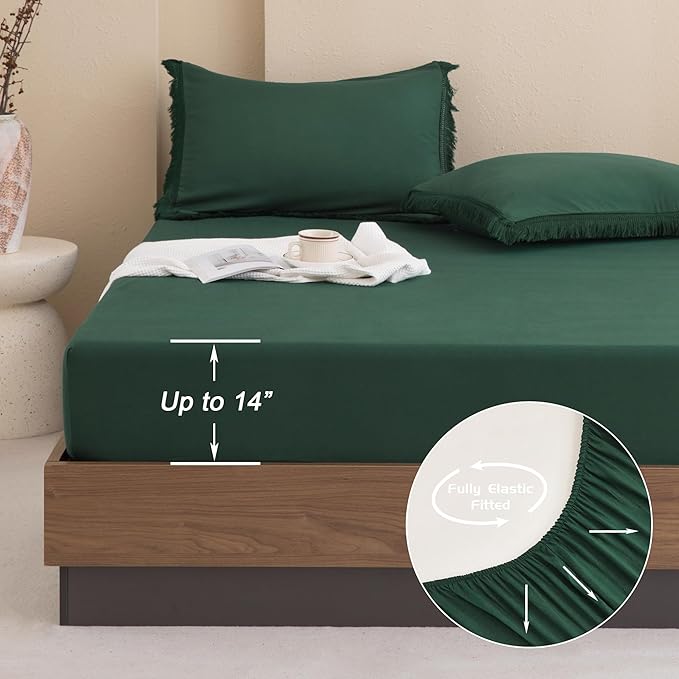 Andency King Size Comforter Set with Sheets Dark Emerald Green -7 Pieces Bed in a Bag Boho Tassel Bedding Sets, All Season Fringe Bed Set with Comforter, Sheets, Pillowcases & Shams