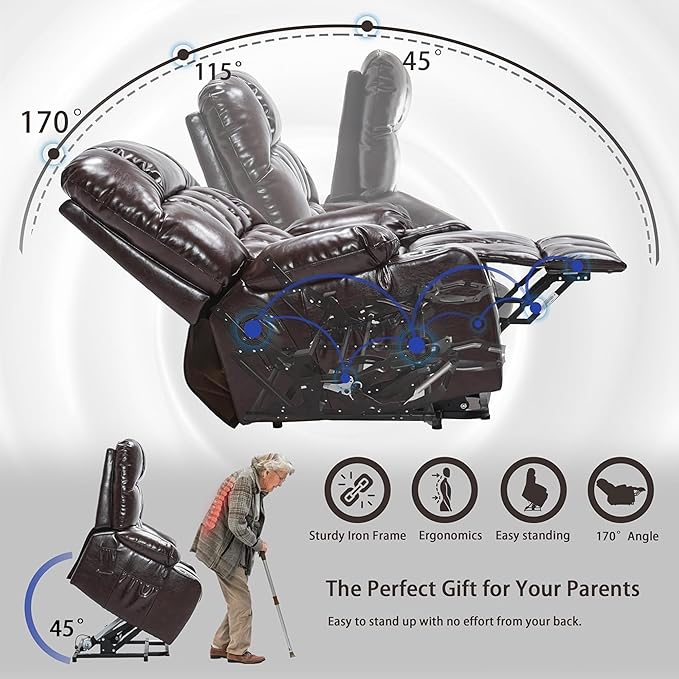 Heavy Duty Recliner Chairs with Cup Holders for Adults Big and Tall, Oversized Power Recliner Lift Chair for Elderly, Heat and Massage, Stand Up, Lay Flat 160 Degree Sleeping