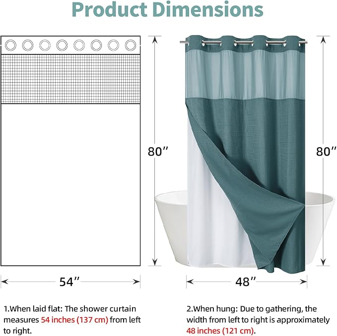 SeawedGreen No Hook Waffle Weave Shower Curtain with snap-in Liner Replacement, 230GSM Waterproof Fabric Hotel Shower Curtain Set for Bathroom, Through Mesh Top Window,54Wx80H