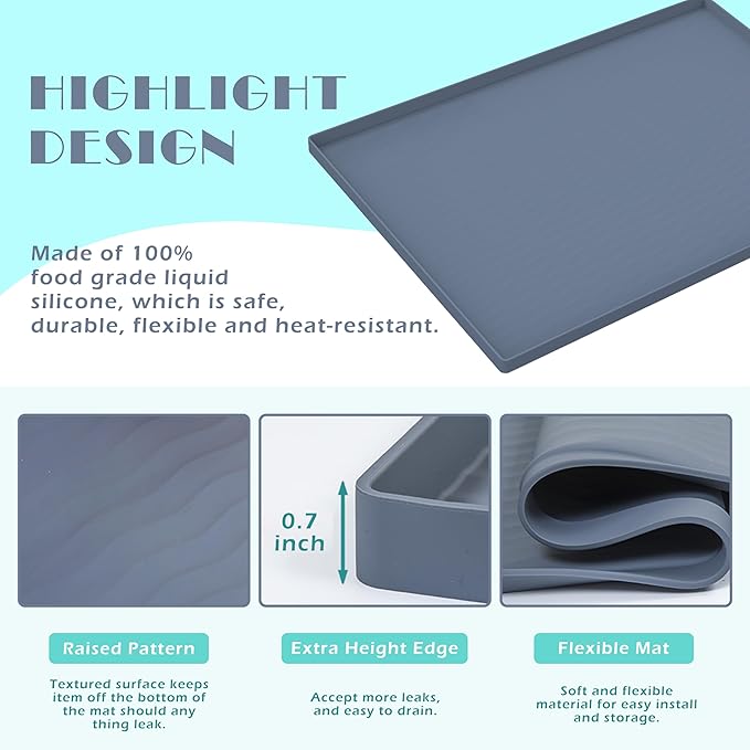 URMONA Waterproof Silicone Under Sink Mat 22'' x 14'' Shelf Liner for Kitchen and Bathroom, Cabinet and Counter Protector, Storage and Organizers, Litter Mat, Pet Cat Puppy Essentials(Light Grey)