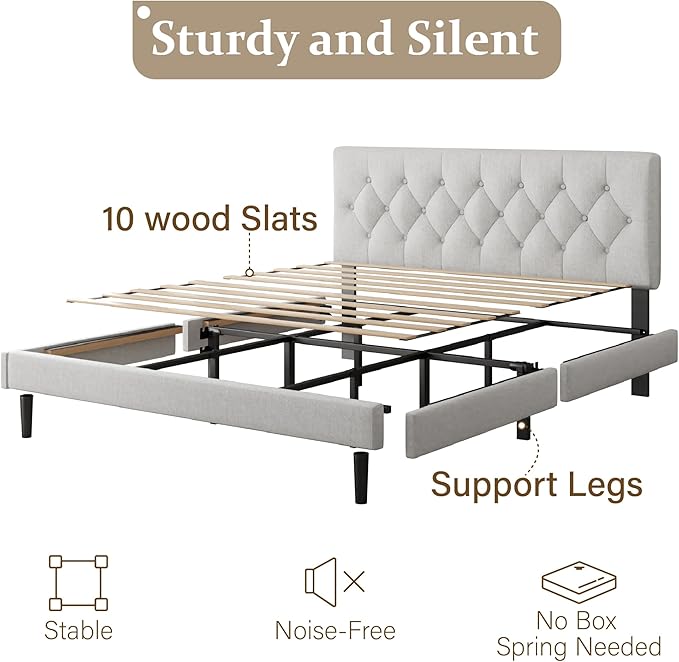 King Size Platform Bed Frame with Upholstered Headboard, Button Tufted Design, Strong Wooden Slats, No Box Spring Needed, Easy Assembly, Noise Free