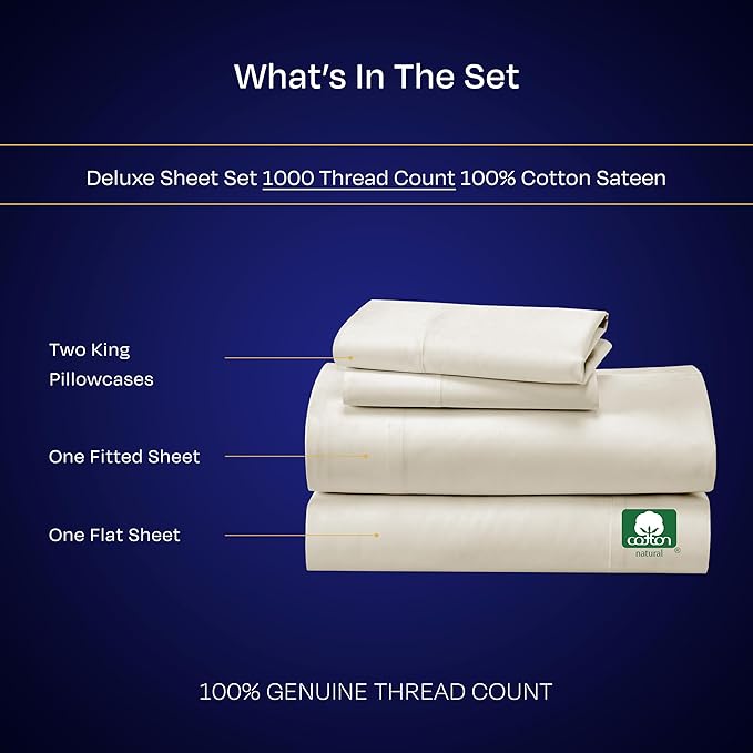 California Design Den Thick and Natural 100% Cotton Sheets King Size Set - Luxury 1000 Thread Count Sateen, Deep Pockets, Soft, Breathable and Durable Bedding Sheet Set - Creamy Beige