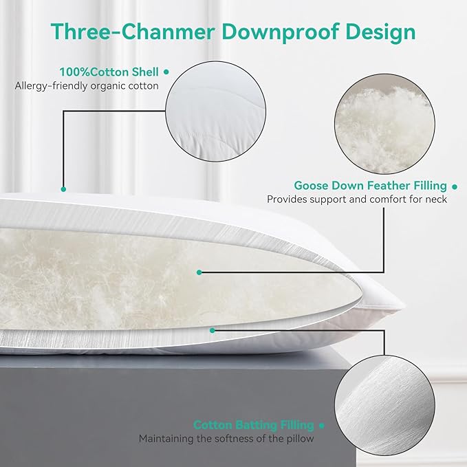 Three Geese White Goose Feather Down Pillows Queen Size Set of 2-100% Cotton, Medium Firm,Soft Support