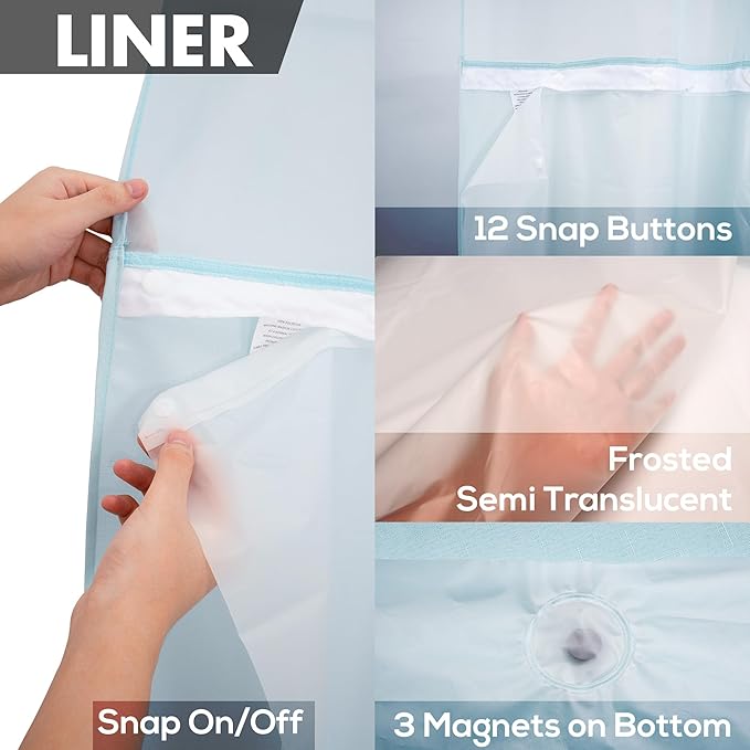 No Hook Slub Textured Shower Curtain with Snap-in PEVA Liner Set - 71" x 74"(72"), Hotel Style with See Through Top Window, Machine Washable & Water Repellent, Blue, 71x74