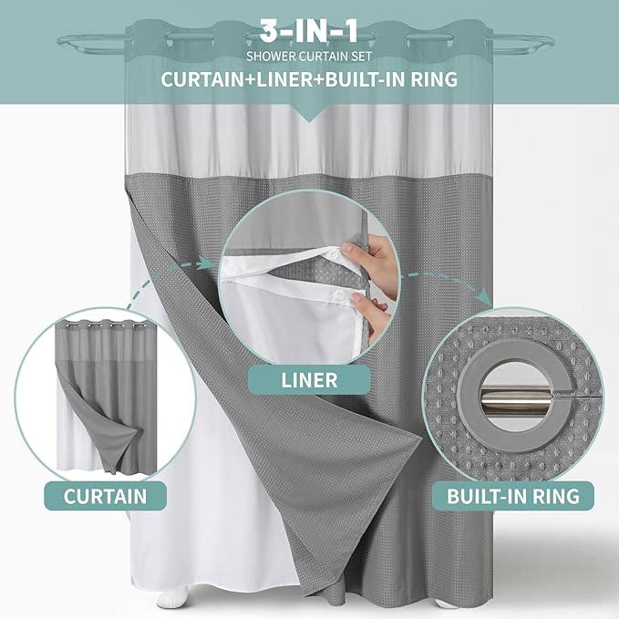 Grey Long No Hook Waffle Weave Shower Curtain with snap-in Liner Replacement, 230GSM Waterproof Fabric Hotel Shower Curtain Set for Bathroom, Through Mesh Top Window,71Wx80H