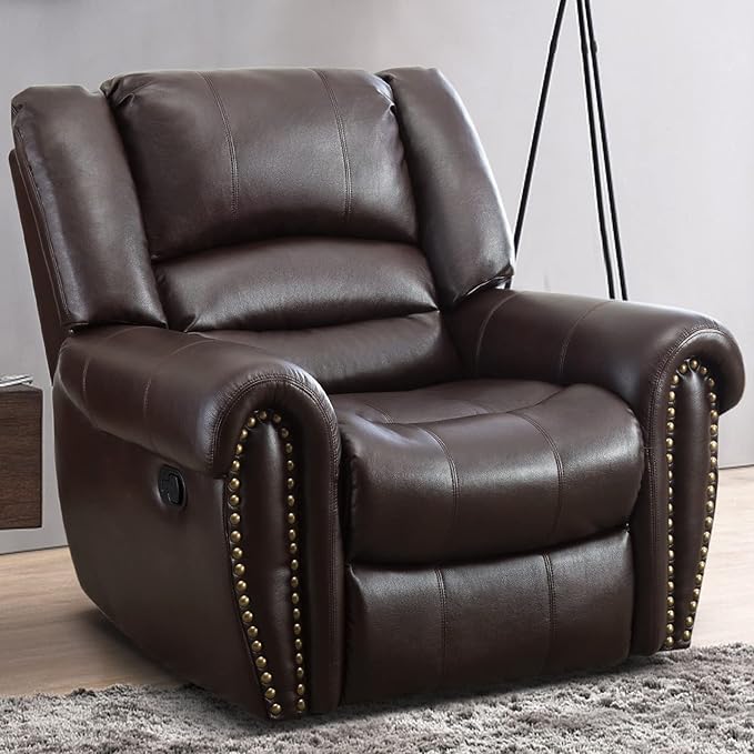 INZOY Leather Recliner Chair, Heavy Duty Manual Reclining Sofa Single Lounge Sofa for Living Room, Home Theater Seating, Brown