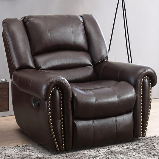 INZOY Leather Recliner Chair, Heavy Duty Manual Reclining Sofa Single Lounge Sofa for Living Room, Home Theater Seating, Brown