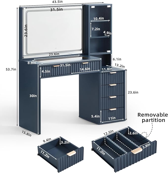 LEYAOYAO Vanity Desk with Mirror and Lights, 43.5'' Fluted Makeup Vanity with 6 Drawers and Adjustable Shelves, Glass Top Make Up Vanity, Girls Wood Dressing Table with Power Outlet for Bedroom
