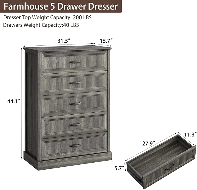 Farmhouse 5 Drawers Dresser for Bedroom, 44" Tall Grey dresser Wood Rustic Chest of Drawers with Wide Metal Handle,Natural Texture,Drawer Organizer for Bedroom,Living Room,Hallway and Entryway