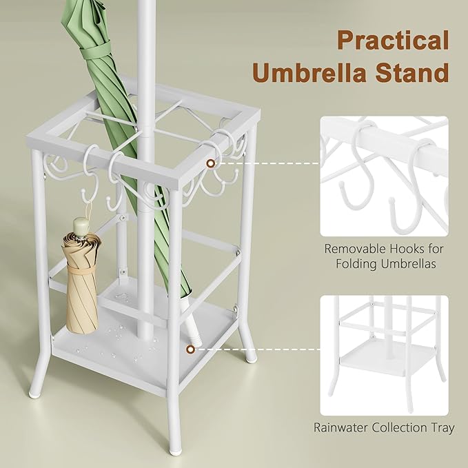 Hoctieon Coat Rack Freestanding, Coat Tree with Umbrella Holder, Metal Coat Rack Stand with 12 Hooks, Standing Coat Hanger Stand, Umbrella Stand for Entryway, Hat Rack Stand for Home Office, White