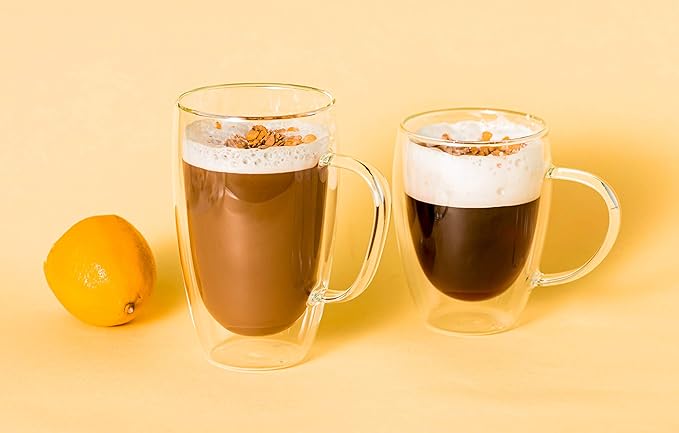 MEWAY 12oz/2 PACK Coffee Mugs,Clear Glass Double Wall Cup with handle for Coffee, Tea, Latte, Cappuccino (12 oz，2)