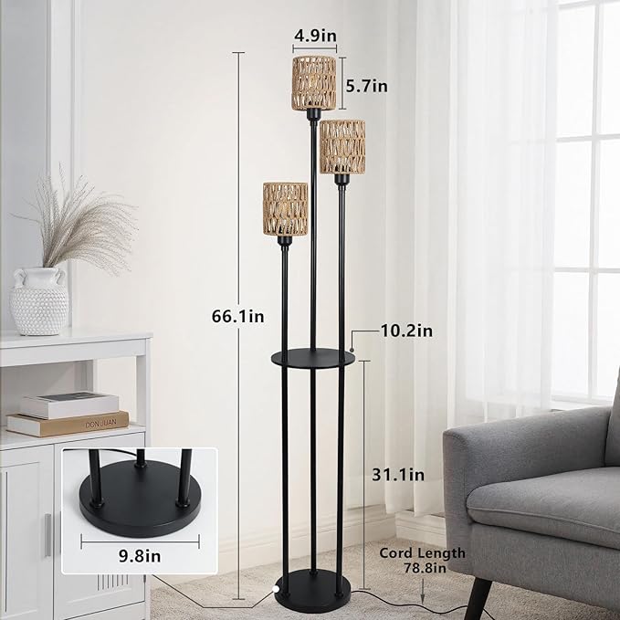 Boho Floor Lamp with Shelves, 3-Lights Farmhouse Tall Floor Lamp with ON/Off Foot Switch, Rustic Standing Lamp with Rattan Shades for Living Room Bedroom Office