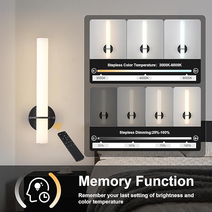 Black Battery Operated Wall Sconce Set of 2,Rechargeable Wireless Wall Lights with Remote Control,Dimmable,3000K-6000K,360° Rotation, Cordless Wall Lighting for Living Room,Bedroom,Stairway,18 Inch