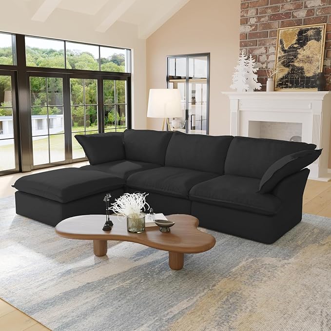 JACH L Shape Sectional Couches, Sectional Sofa with Chaise Ottoman, Deep 3-Seats Modular Sectional Sofa, Cushion Covers Removable, Two Corners and A Middle Sofa for Living Room, Black, 120-2345